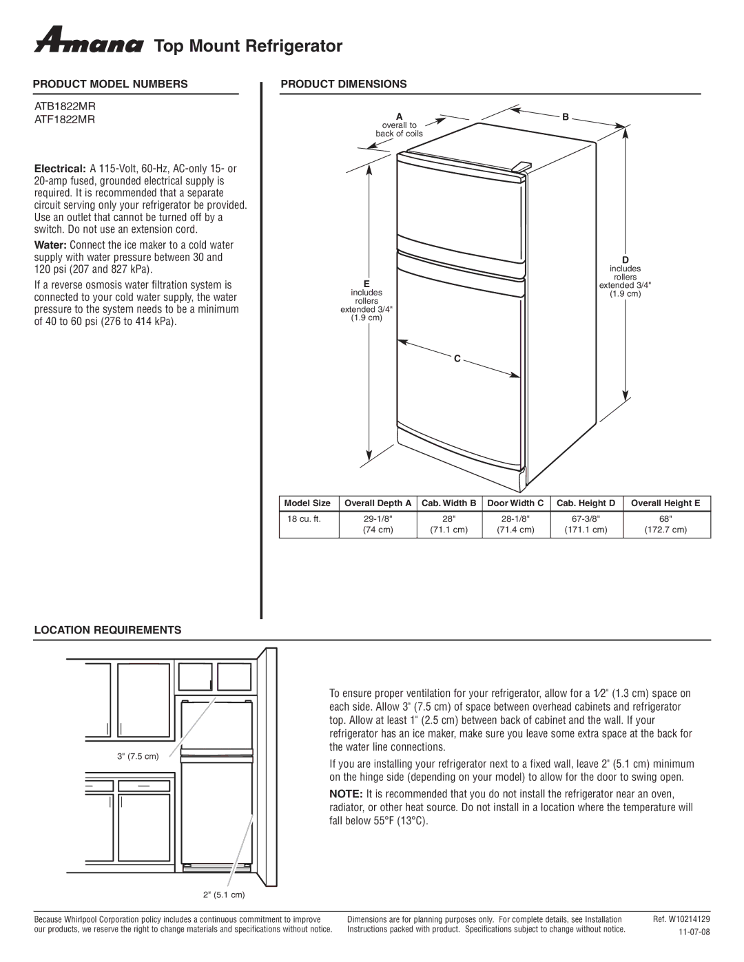 Amana ATB1822MR dimensions Top Mount Refrigerator, Product Model Numbers, Product Dimensions, Location Requirements 