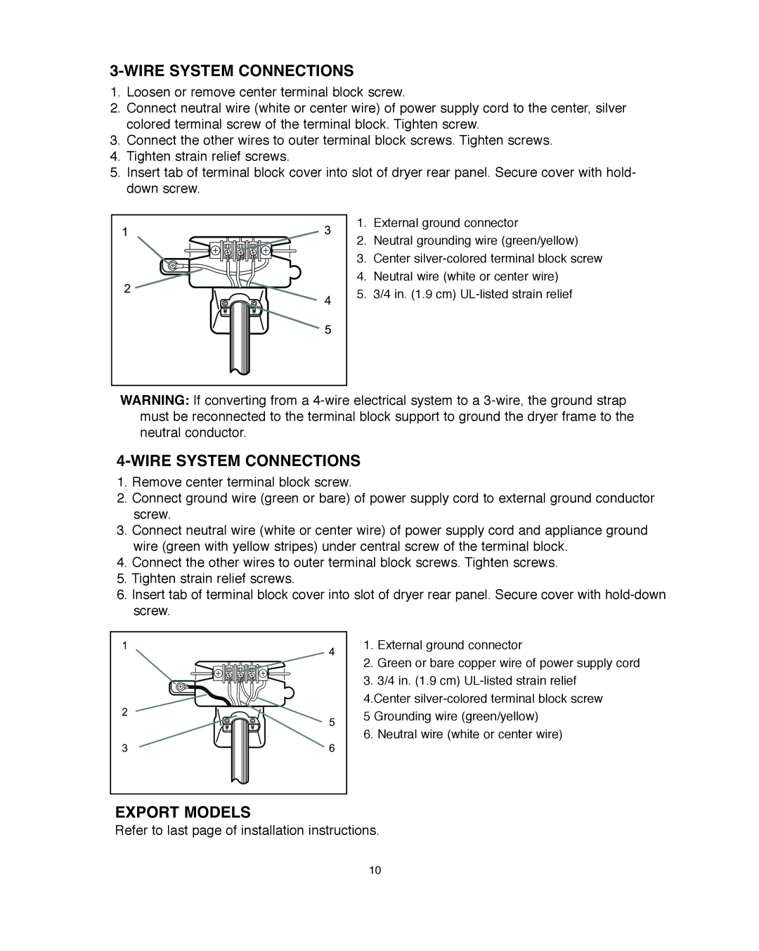 Amana Automatic Dryer installation instructions Wire System Connections, Export Models 