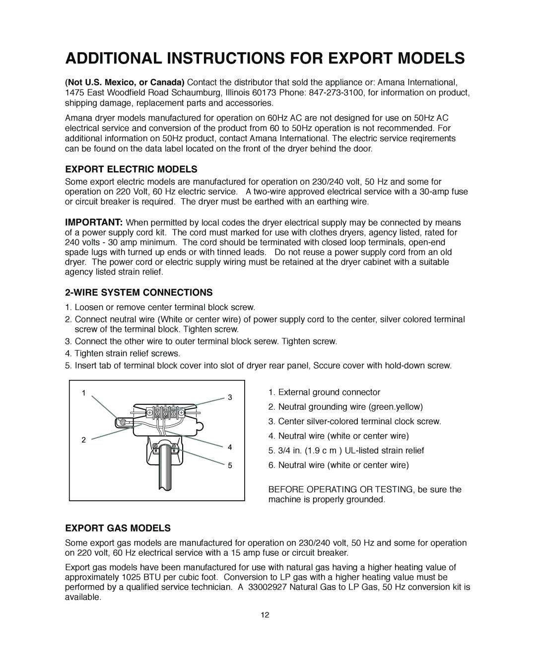 Amana Automatic Dryer Additional Instructions for Export Models, Export Electric Models, Wire System Connections 