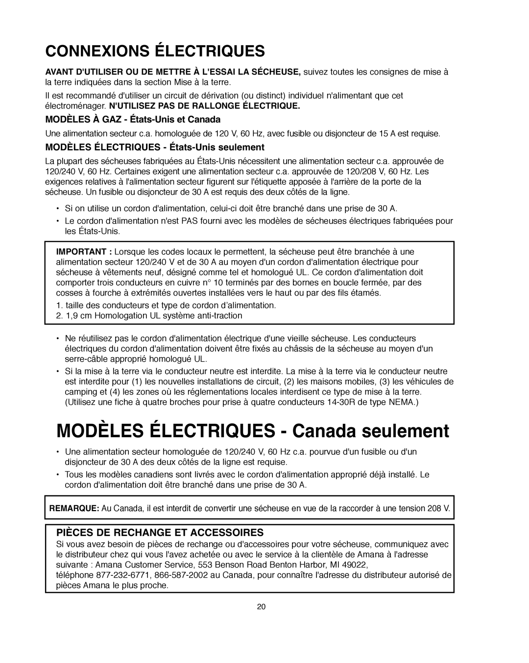 Amana Automatic Dryer Connexions Électriques, Modèles À GAZ États-Unis et Canada, Modèles Électriques États-Unis seulement 