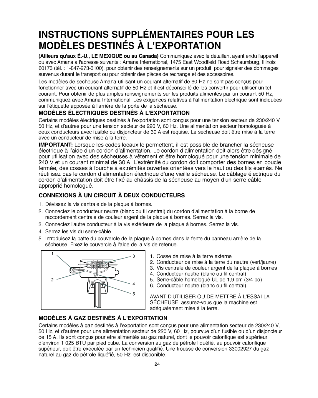 Amana Automatic Dryer Modèles Électriques Destinés À Lexportation, Connexions À UN Circuit À Deux Conducteurs 