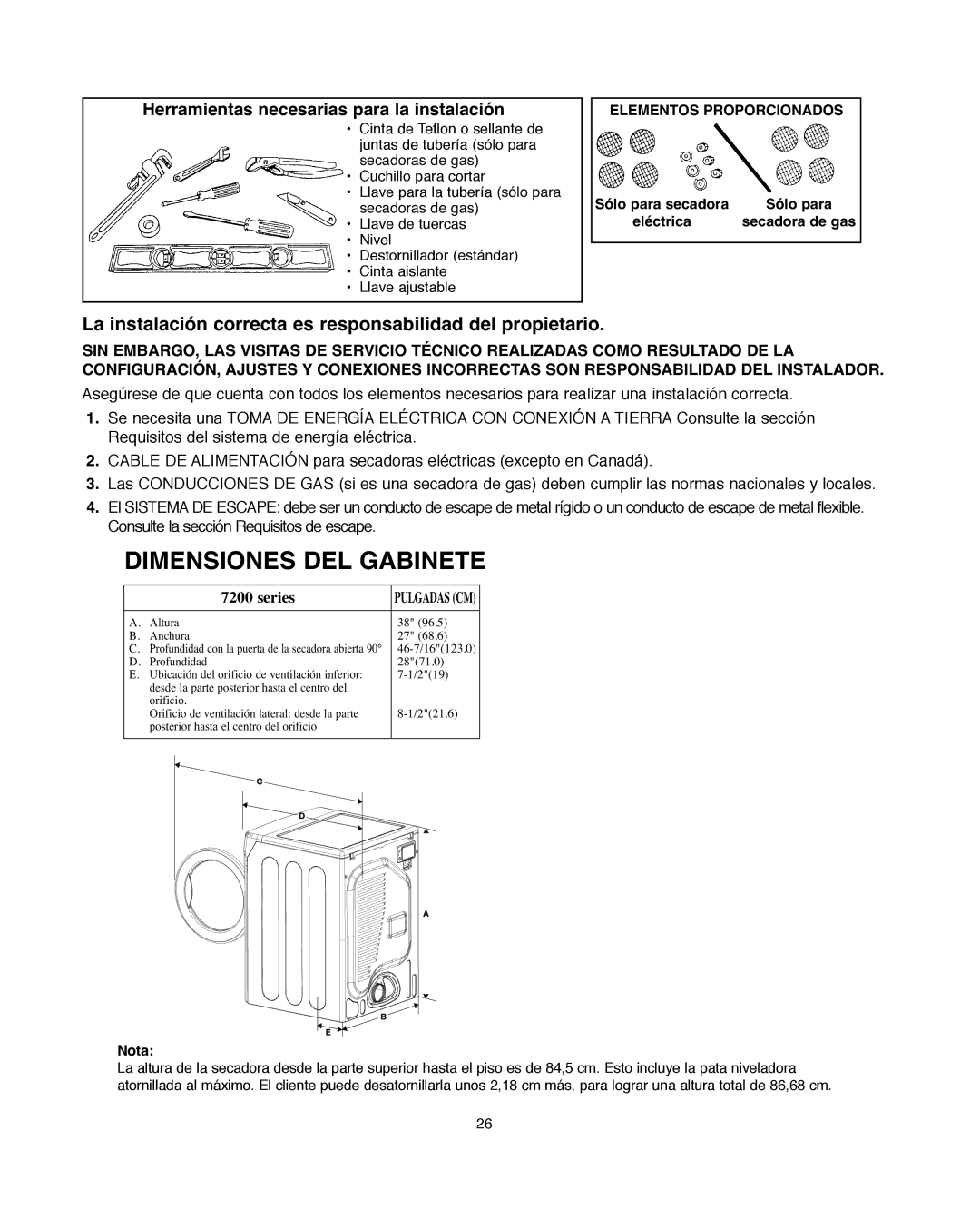 Amana Automatic Dryer installation instructions Dimensiones DEL Gabinete, Herramientas necesarias para la instalación 