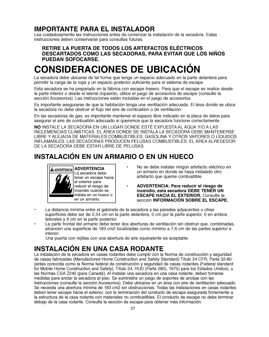 Amana Automatic Dryer Importante Para EL Instalador, Instalación EN UN Armario O EN UN Hueco, Advertencia 