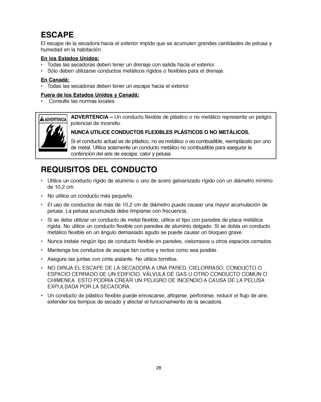 Amana Automatic Dryer Escape, Requisitos DEL Conducto, Nunca Utilice Conductos Flexibles Plásticos O no Metálicos 