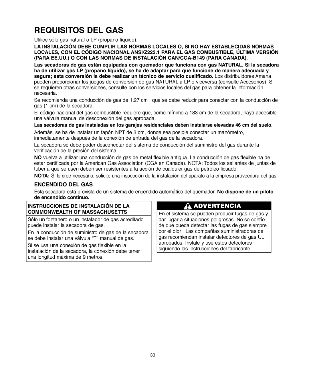 Amana Automatic Dryer Encendido DEL GAS, De encendido continuo, Instrucciones DE Instalación DE LA 