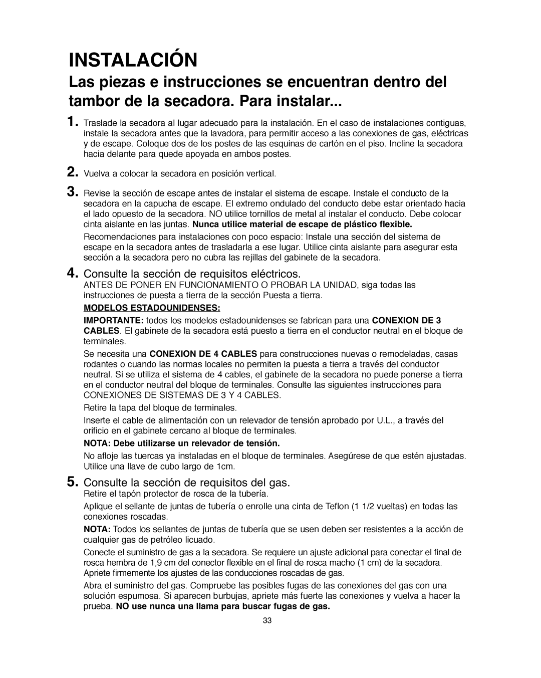 Amana Automatic Dryer installation instructions Modelos Estadounidenses, Nota Debe utilizarse un relevador de tensión 