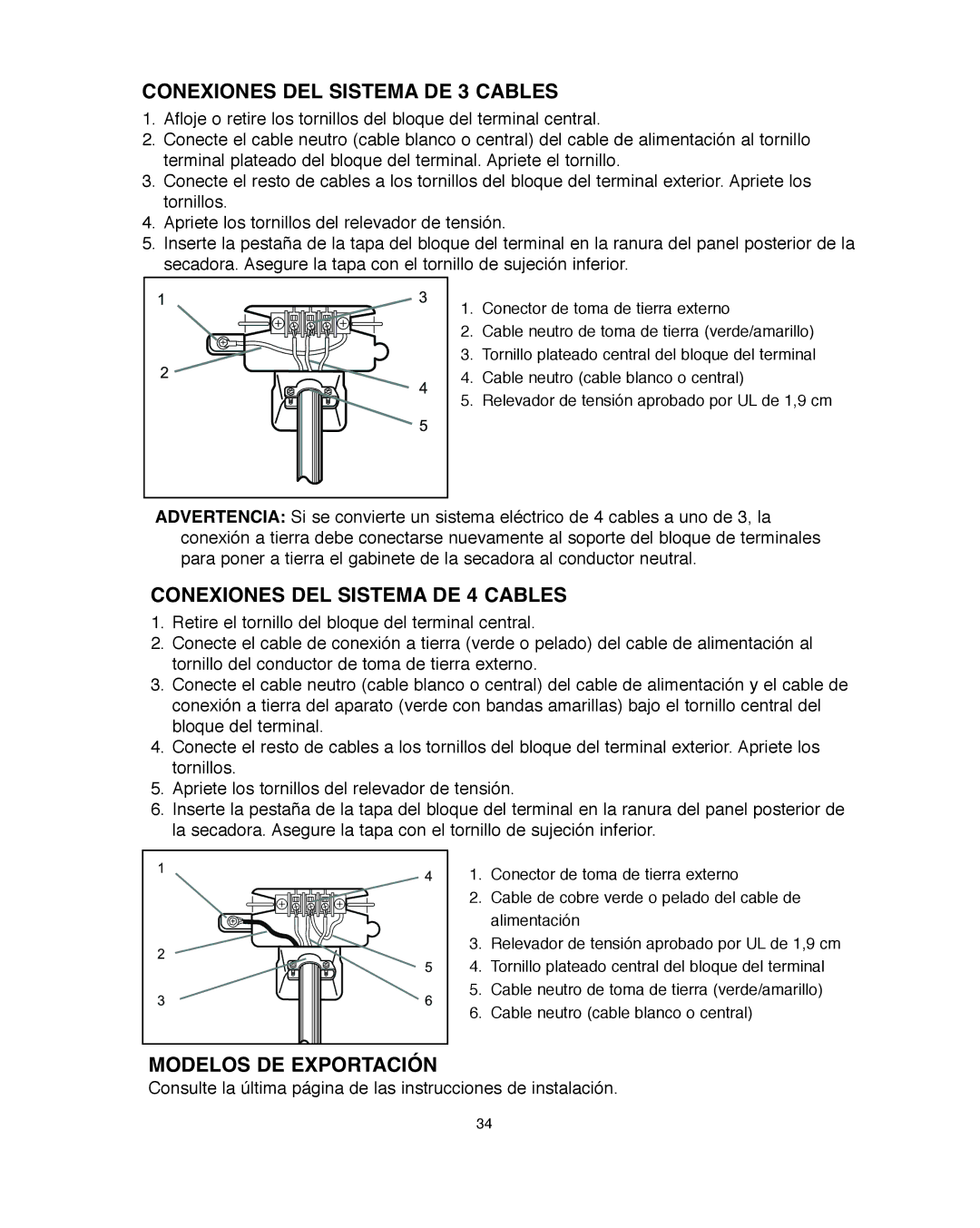 Amana Automatic Dryer Conexiones DEL Sistema DE 3 Cables, Conexiones DEL Sistema DE 4 Cables, Modelos DE Exportación 