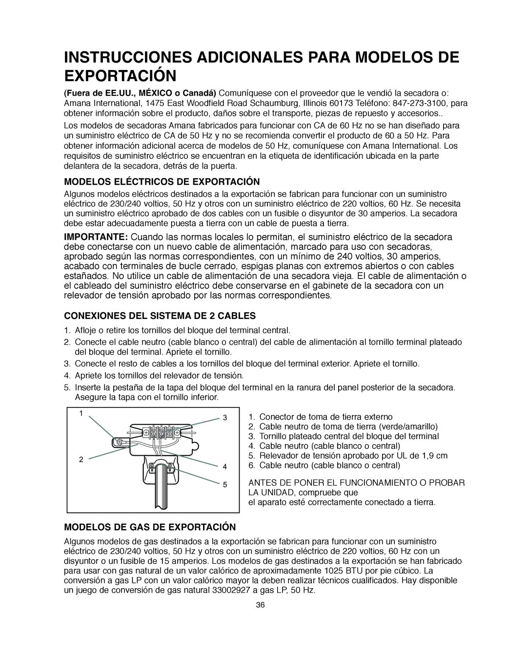 Amana Automatic Dryer Instrucciones Adicionales Para Modelos DE Exportación, Modelos Eléctricos DE Exportación 