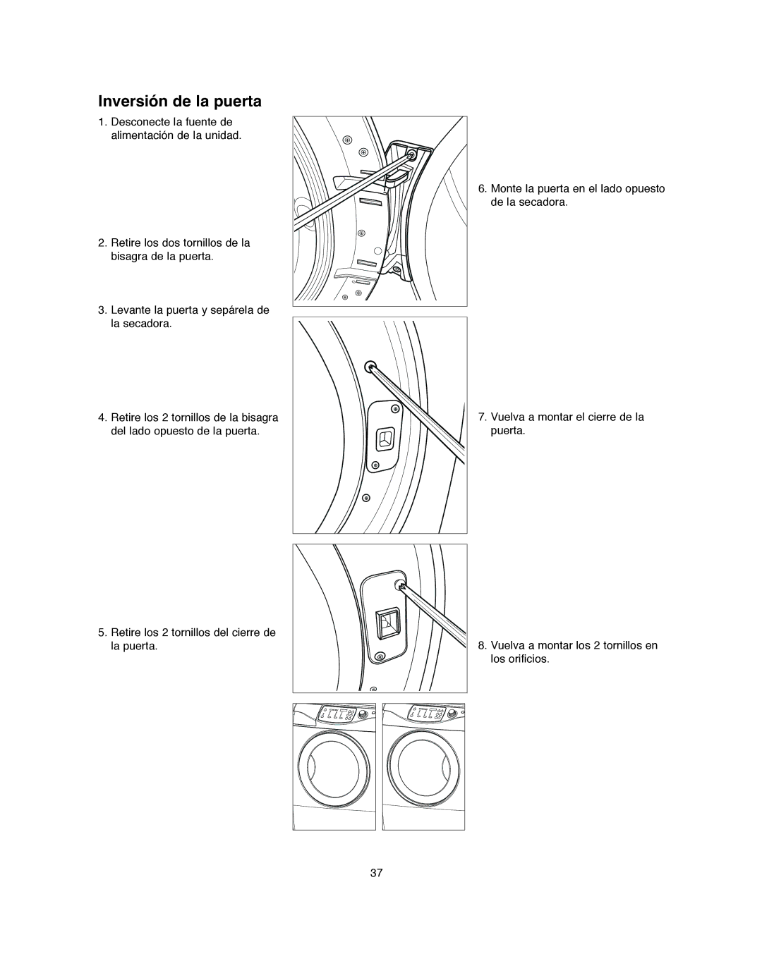 Amana Automatic Dryer installation instructions Inversión de la puerta 