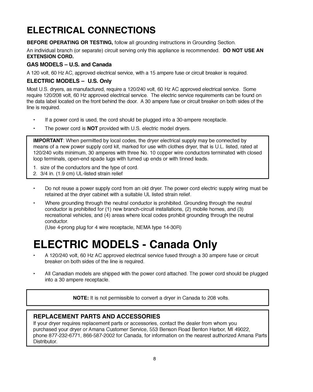 Amana Automatic Dryer Electrical Connections, GAS Models U.S. and Canada, Electric Models U.S. Only, Extension Cord 