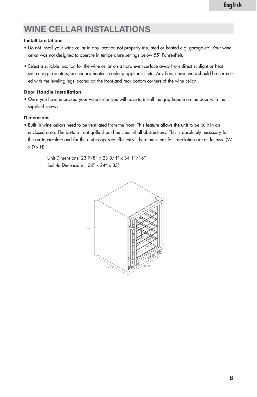 Amana AWCE50ARS warranty Wine Cellar Installations, Install Limitations, Door Handle Installation, Dimensions 