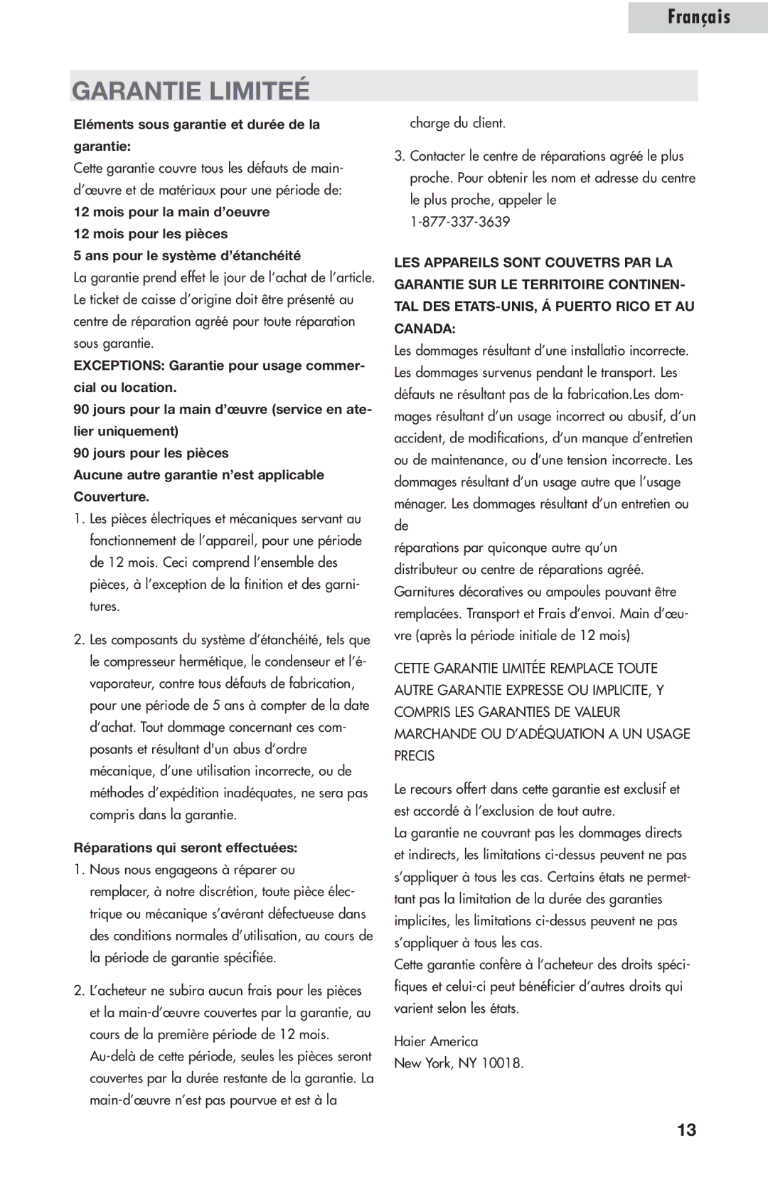 Amana AWCE50ARS Garantie Limiteé, Eléments sous garantie et durée de la garantie, Réparations qui seront effectuées 