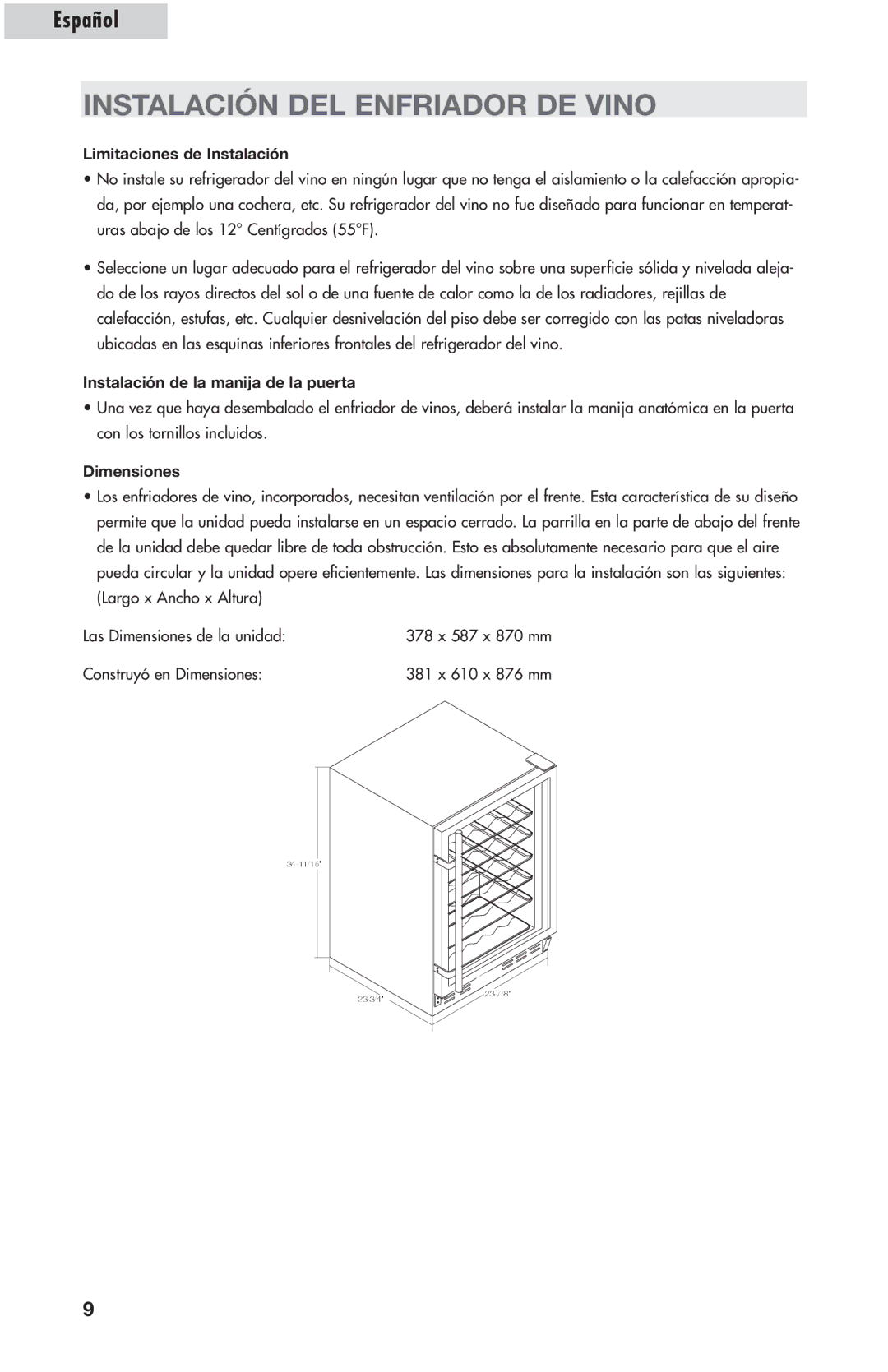 Amana AWCE50ARS Instalación DEL Enfriador DE Vino, Limitaciones de Instalación, Instalación de la manija de la puerta 