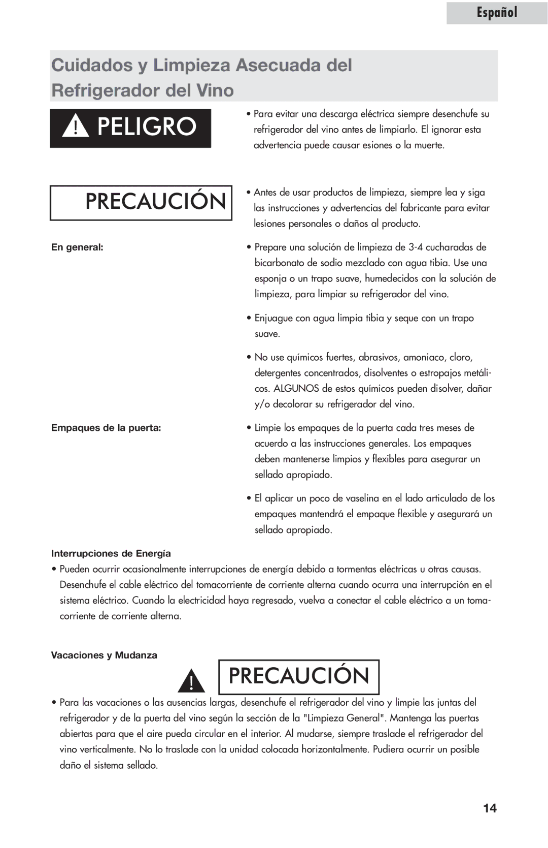 Amana AWCE50ARS warranty En general, Empaques de la puerta, Interrupciones de Energía, Vacaciones y Mudanza 