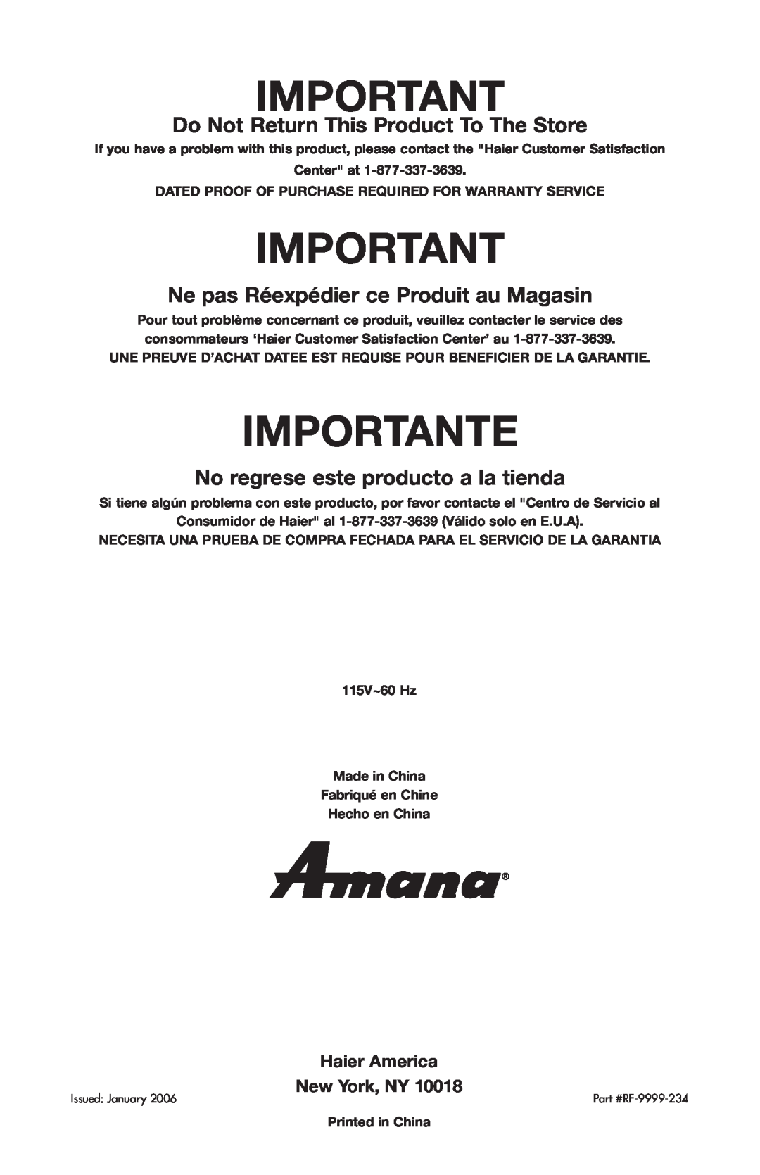 Amana AWCE50ARS warranty Importante, Do Not Return This Product To The Store, Ne pas Réexpédier ce Produit au Magasin 