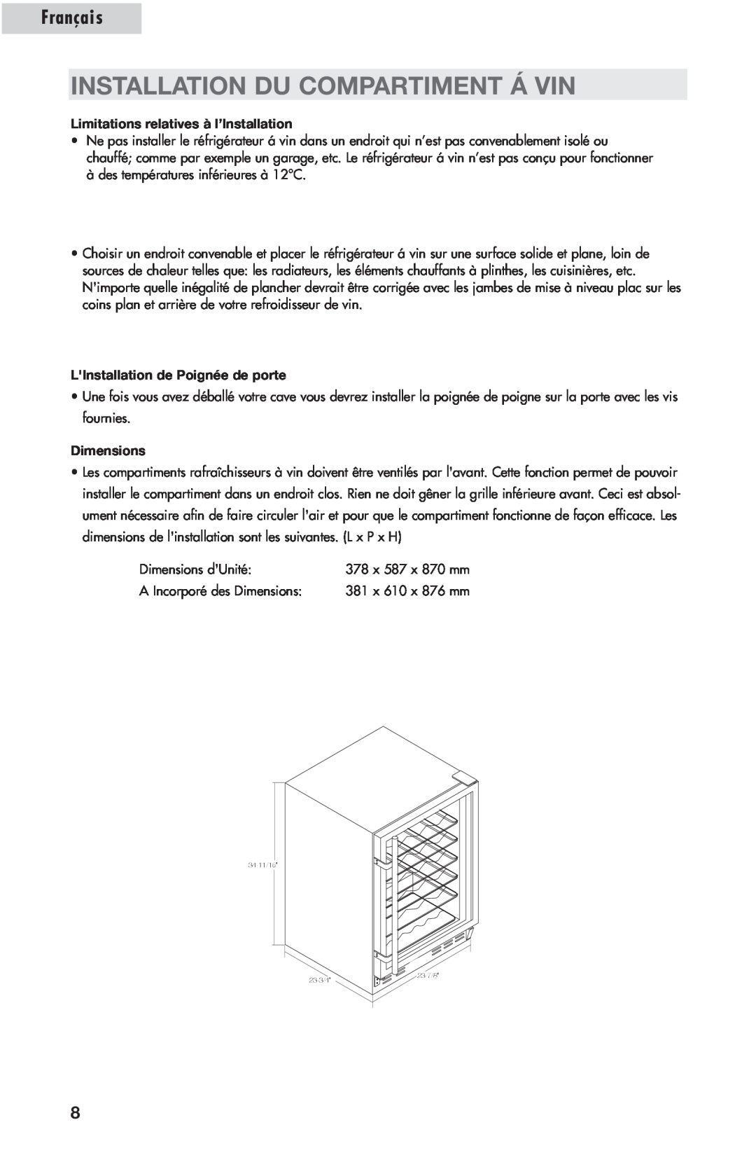 Amana AWCE50ARS warranty Installation Du Compartiment Á Vin, Limitations relatives à l’Installation, Dimensions 