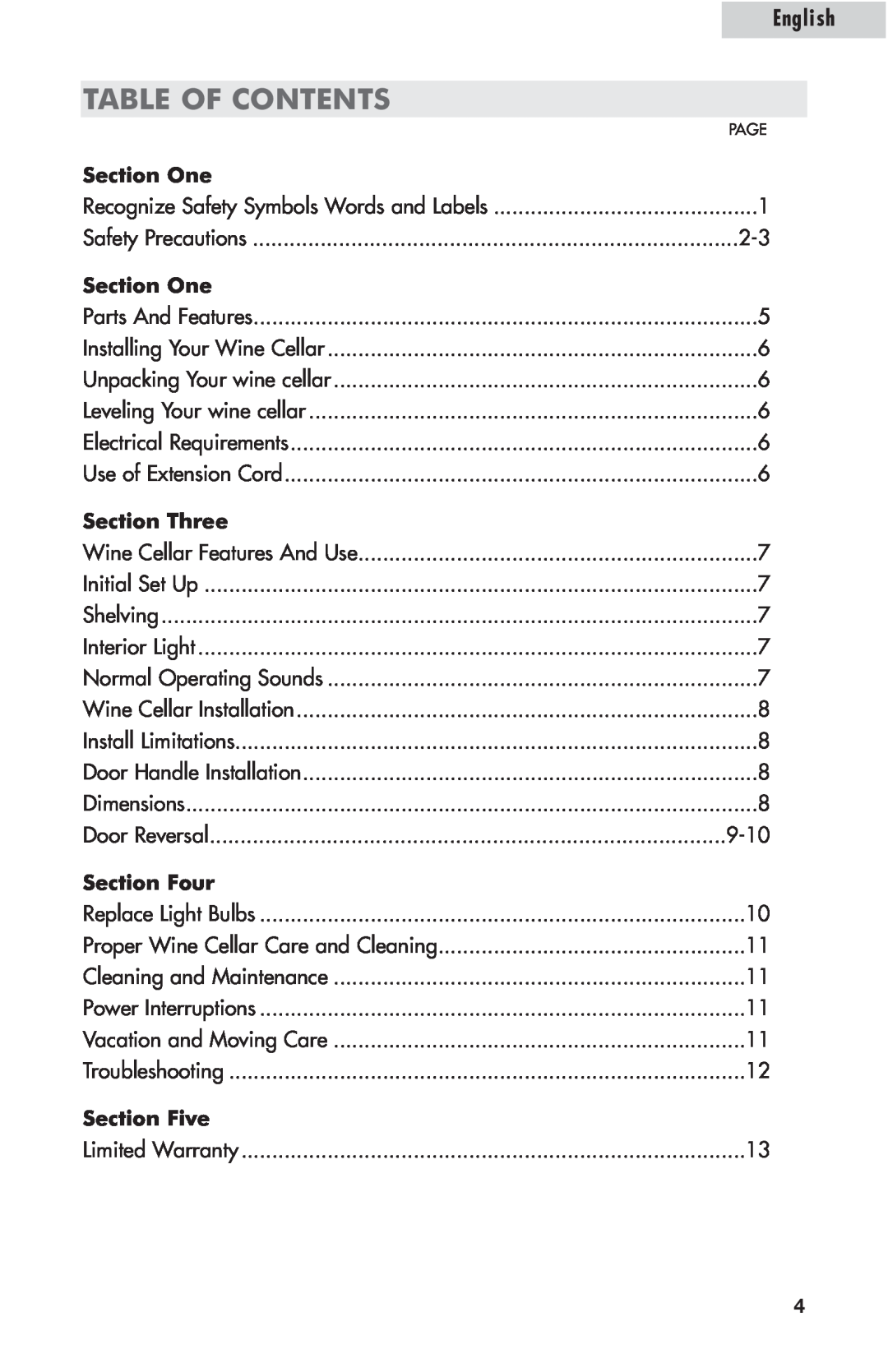 Amana AWCE50ARS warranty Table Of Contents, English, Section One, Section Three, Section Four, Section Five 
