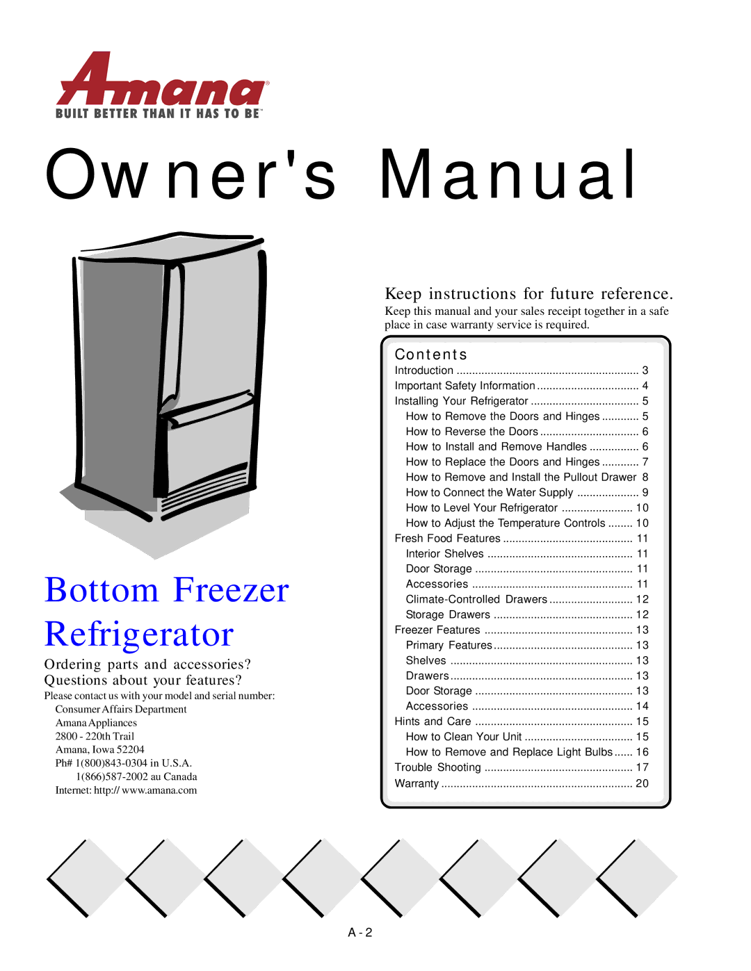 Amana Bottom-Freezer Refrigerator owner manual Keep instructions for future reference, Contents 