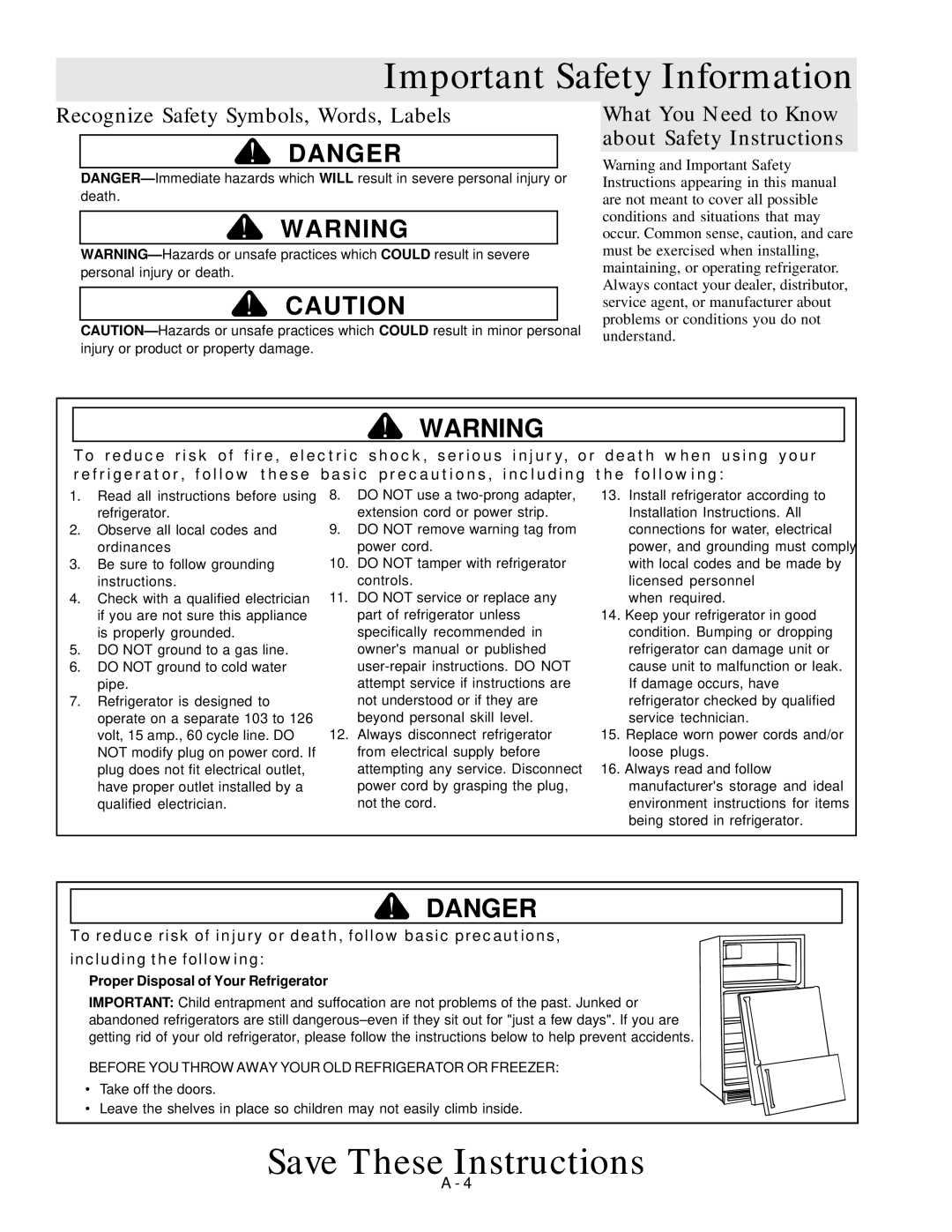 Amana Bottom-Freezer Refrigerator owner manual Important Safety Information, Proper Disposal of Your Refrigerator 