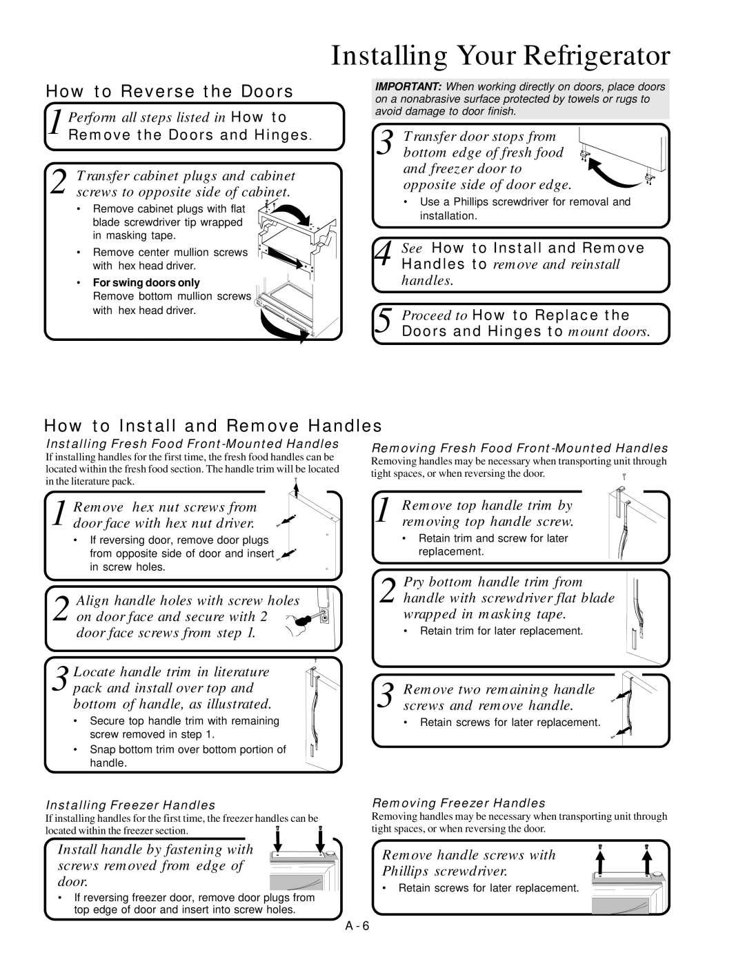 Amana Bottom-Freezer Refrigerator owner manual How to Reverse the Doors, How to Install and Remove Handles 