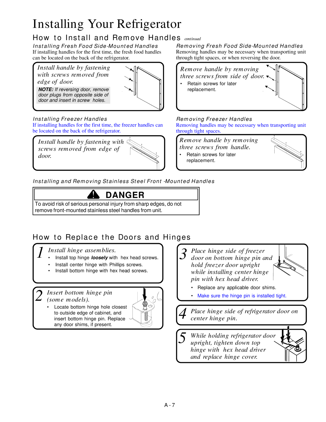 Amana Bottom-Freezer Refrigerator owner manual How to Replace the Doors and Hinges, Install hinge assemblies 