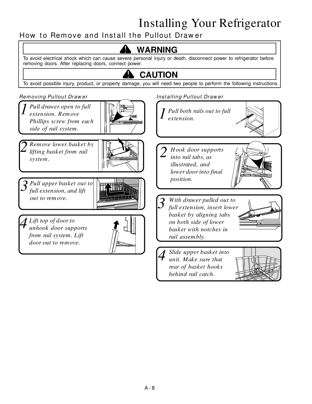 Amana Bottom-Freezer Refrigerator owner manual How to Remove and Install the Pullout Drawer 