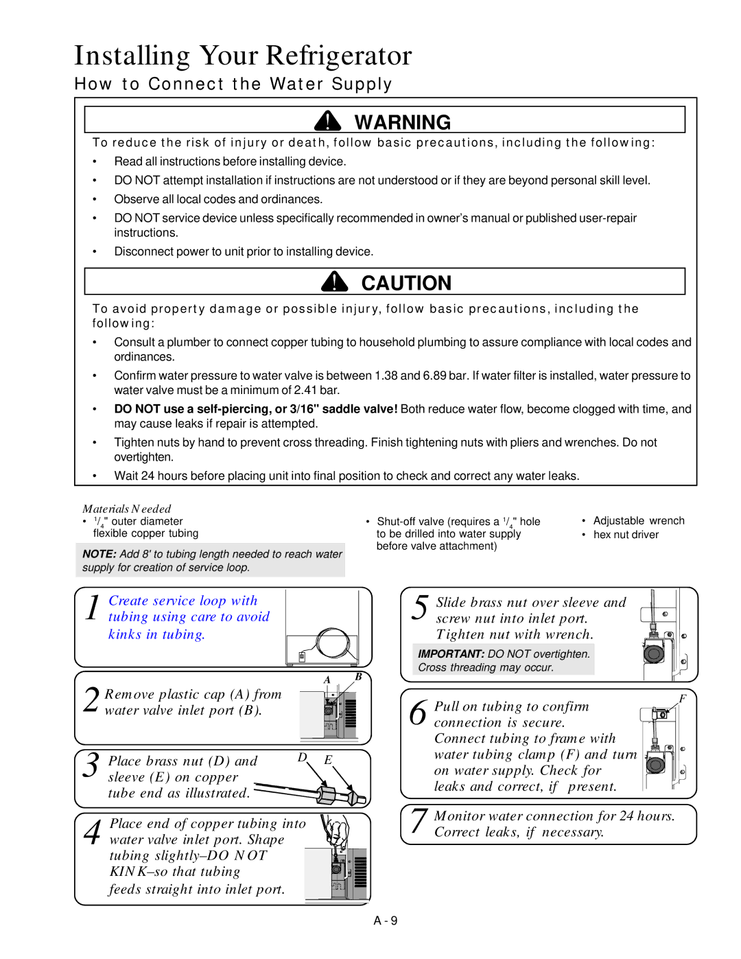 Amana Bottom-Freezer Refrigerator owner manual Feeds straight into inlet port, Installing Your Refrigerator 