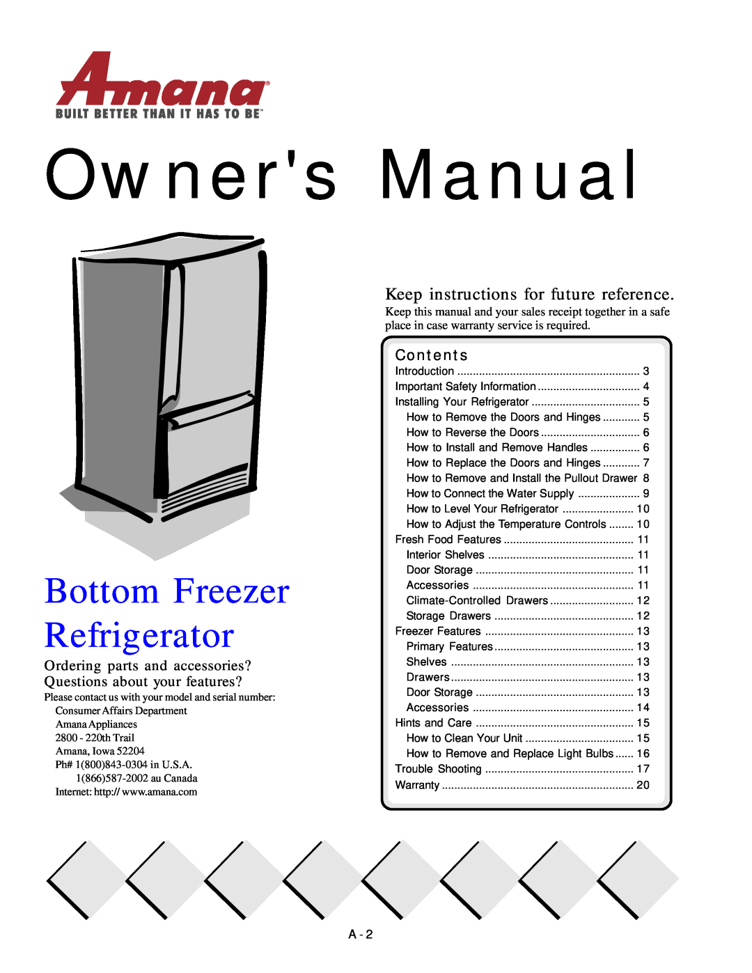 Amana Bottom-Freezer Refrigerator owner manual Keep instructions for future reference, Contents 