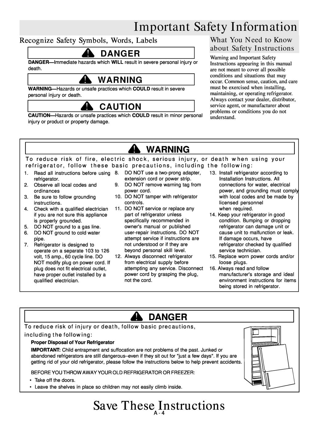 Amana Bottom-Freezer Refrigerator Important Safety Information, Save These Instructions, Danger, including the following 
