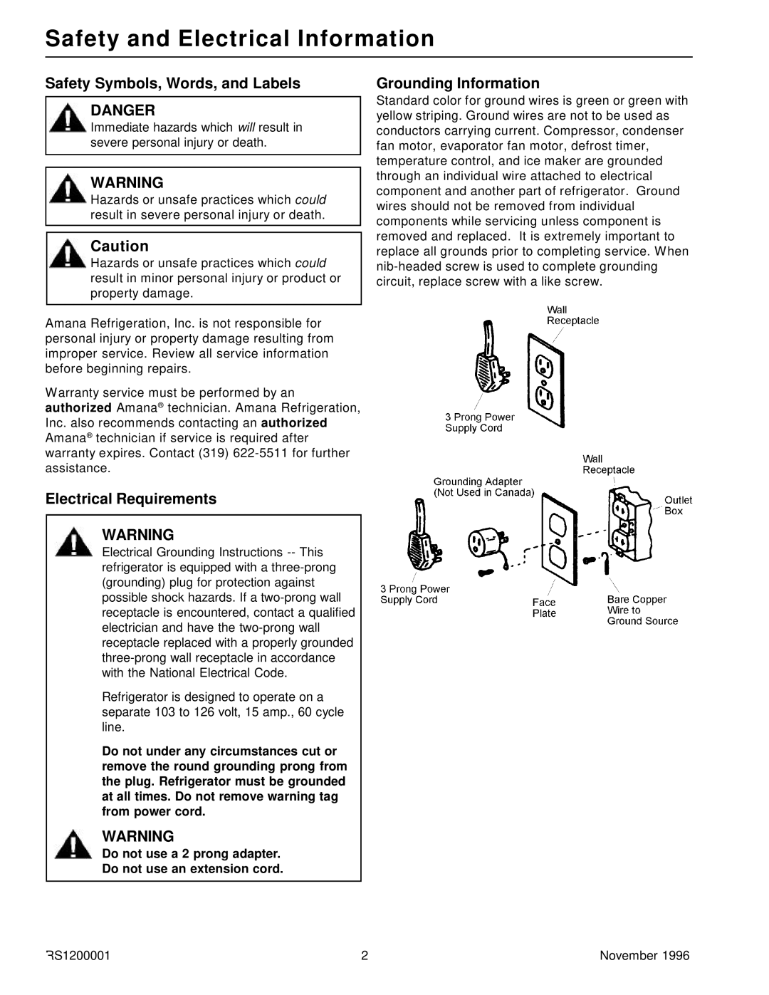 Amana Bottom Mount Refrigerator service manual Safety and Electrical Information, Safety Symbols, Words, and Labels 