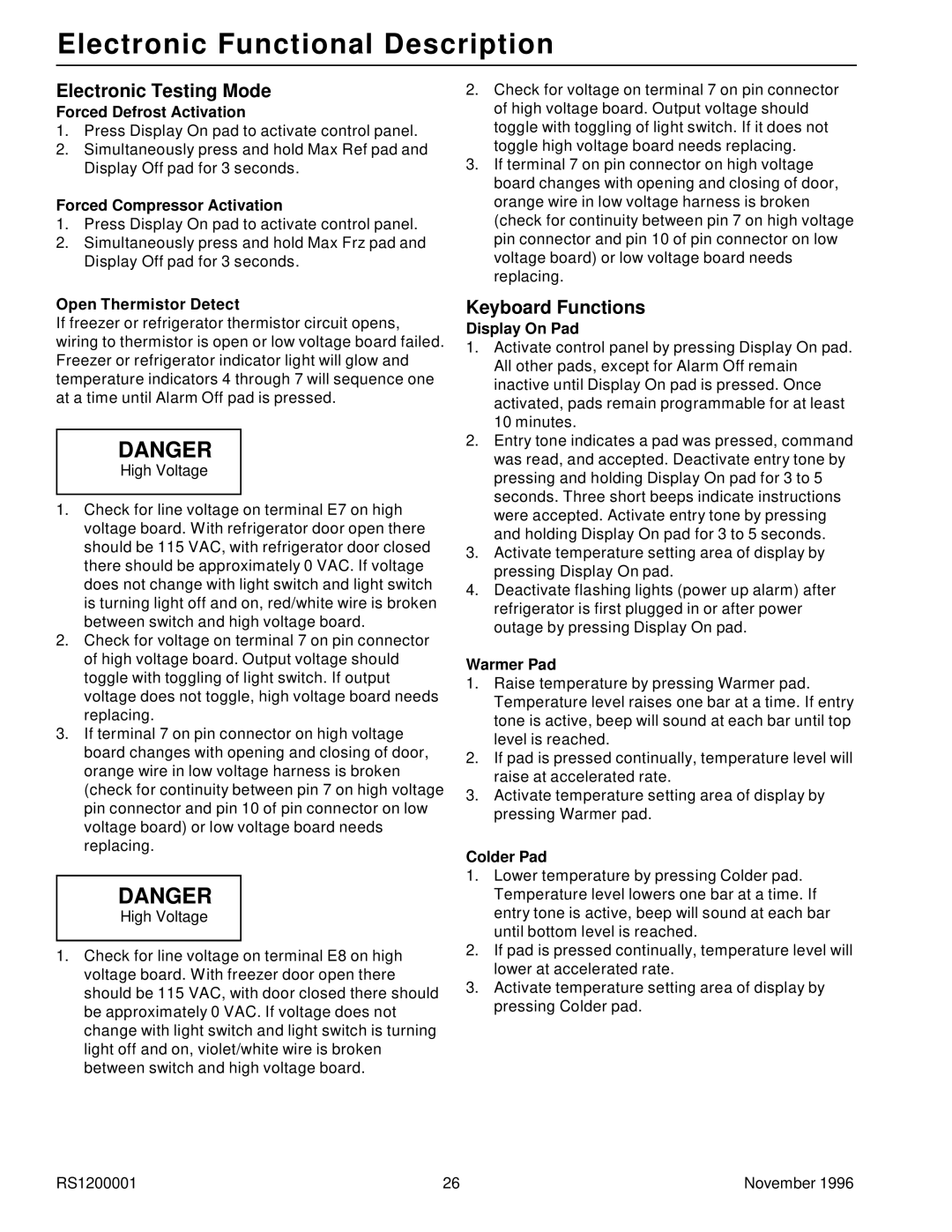 Amana Bottom Mount Refrigerator service manual Electronic Testing Mode, Keyboard Functions 