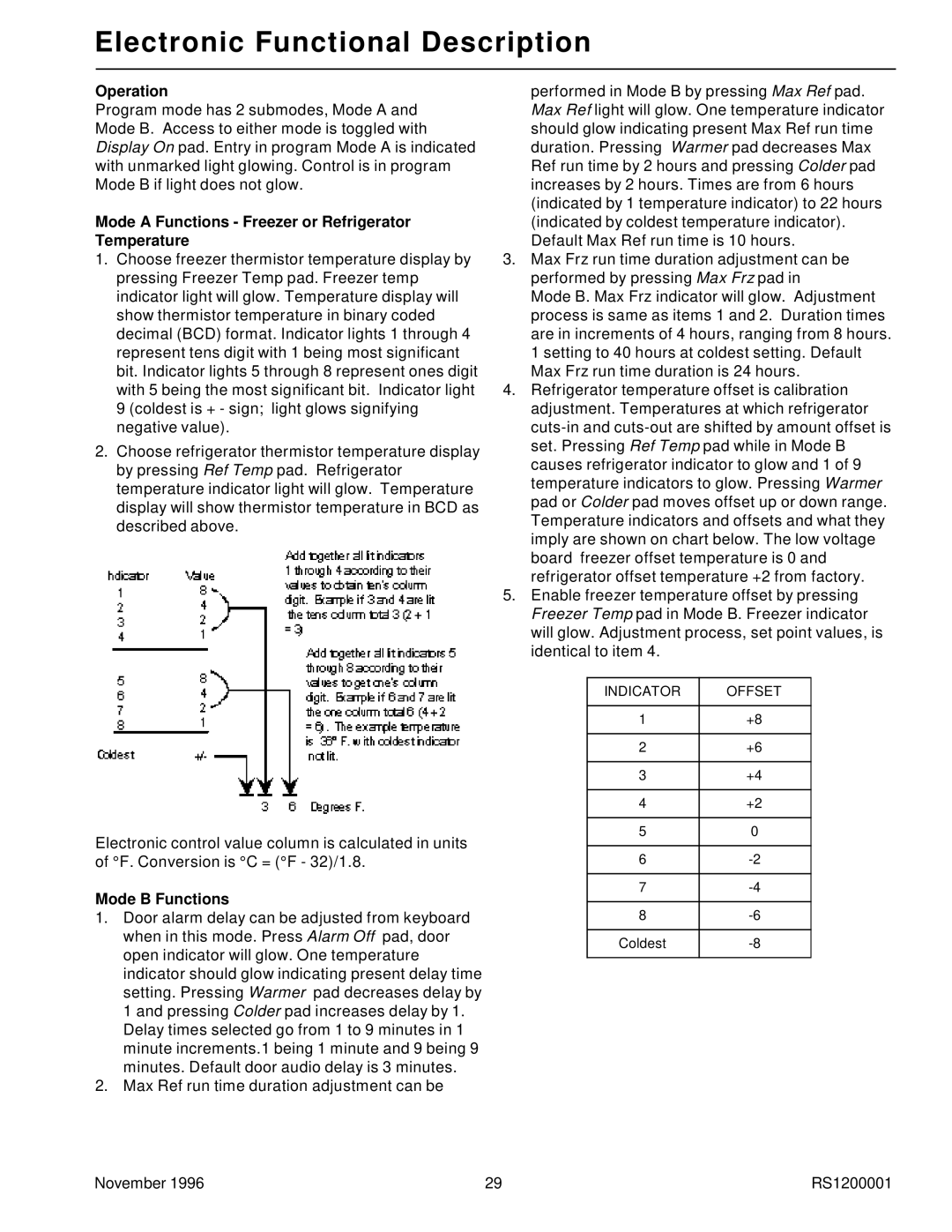 Amana Bottom Mount Refrigerator Operation, Mode a Functions Freezer or Refrigerator Temperature, Mode B Functions 