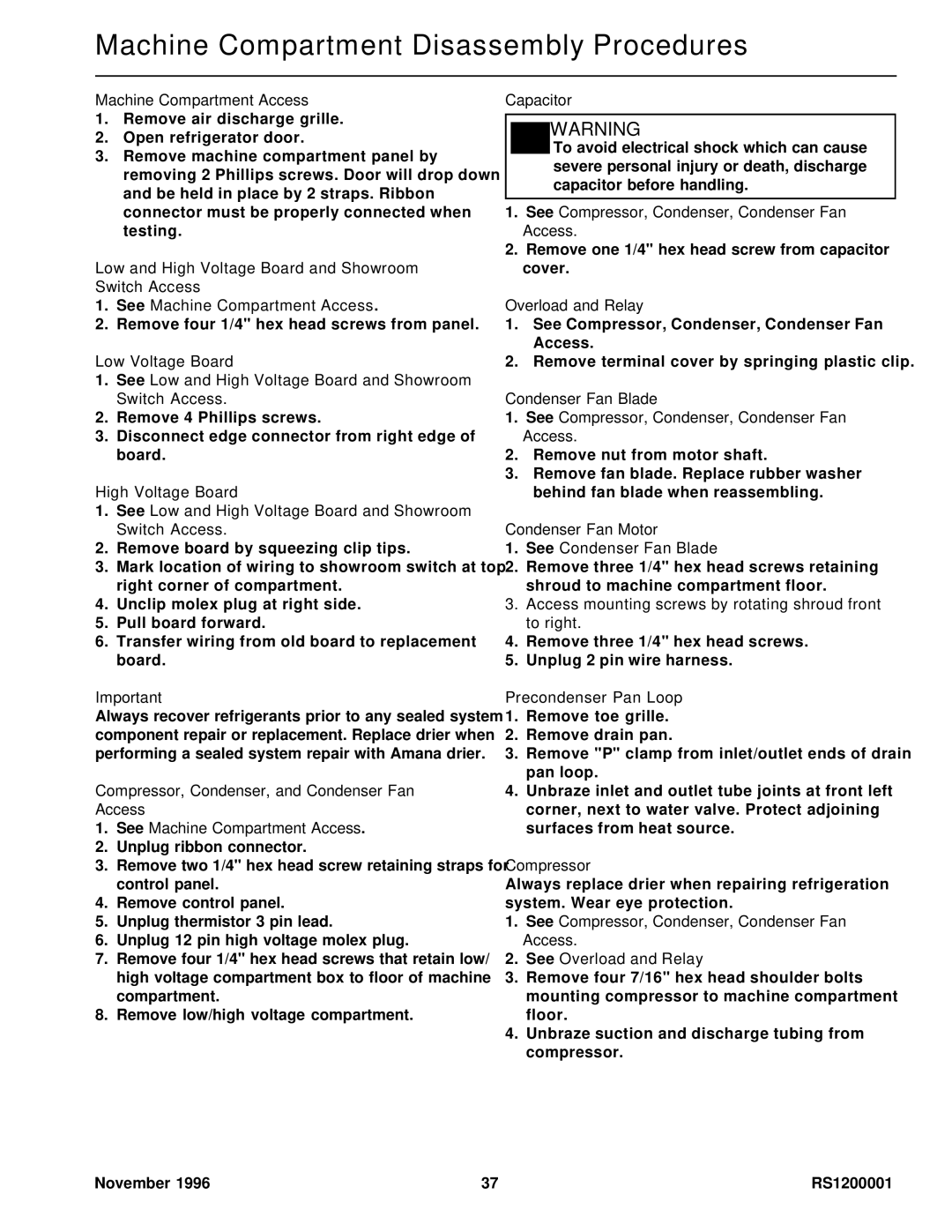 Amana Bottom Mount Refrigerator service manual Machine Compartment Disassembly Procedures 