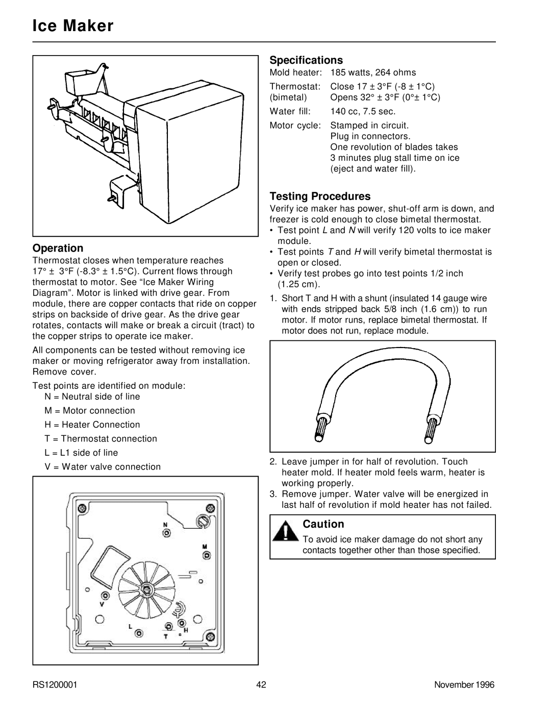 Amana Bottom Mount Refrigerator service manual Ice Maker, Specifications, Operation, Testing Procedures 