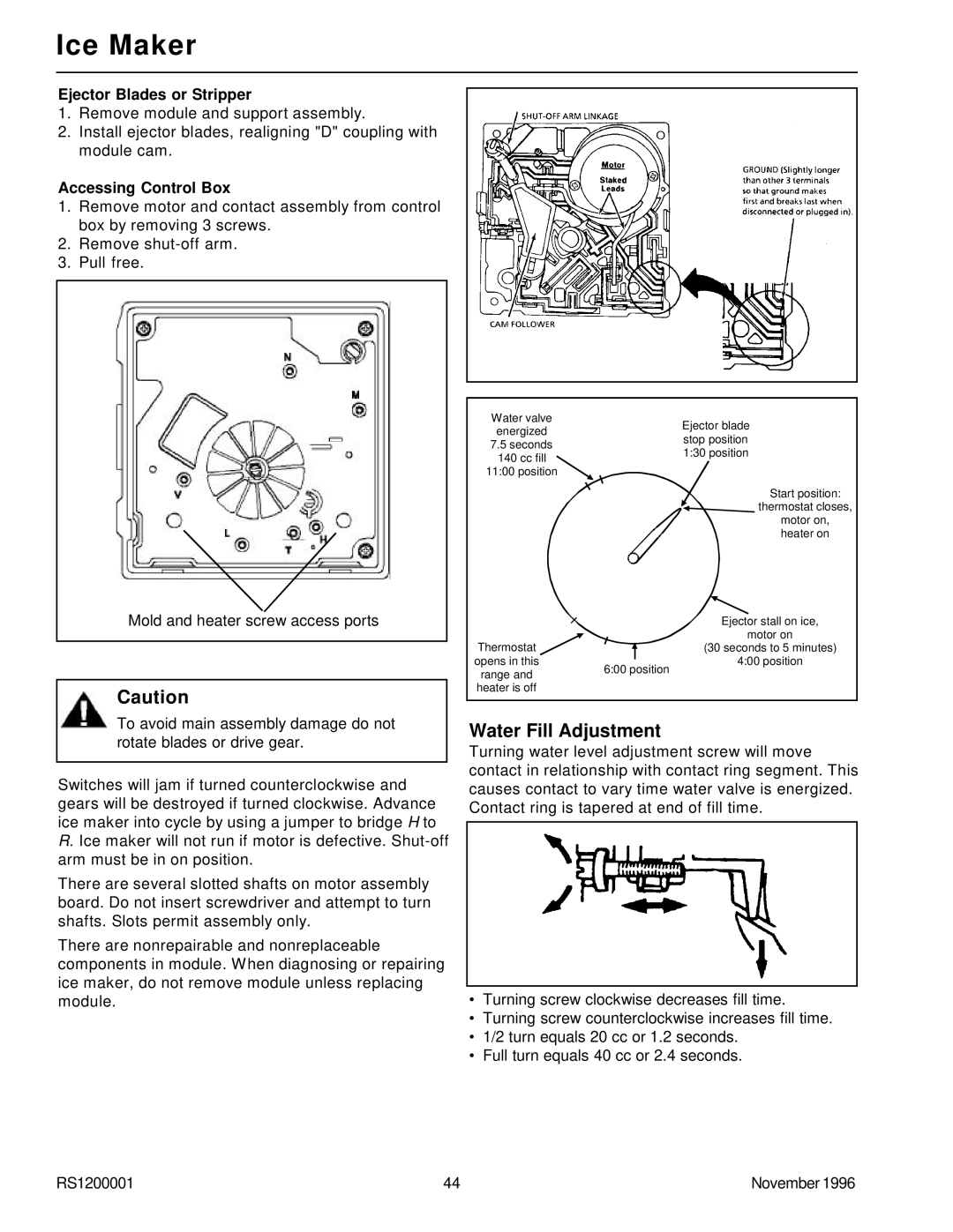 Amana Bottom Mount Refrigerator service manual Water Fill Adjustment, Ejector Blades or Stripper, Accessing Control Box 