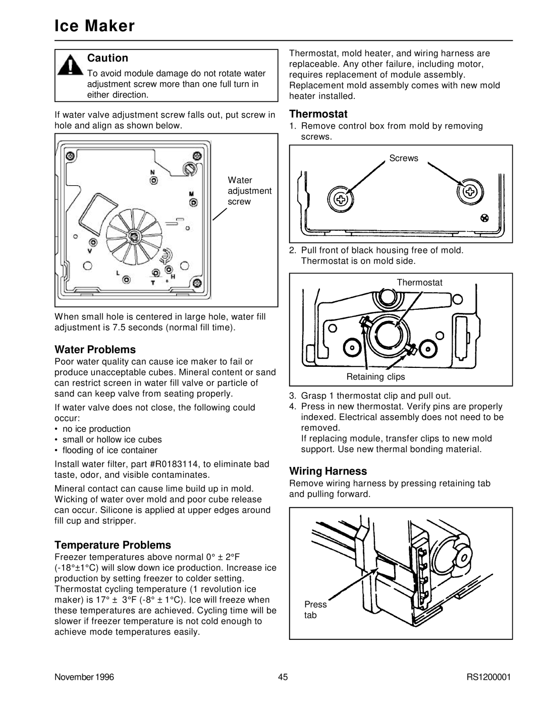 Amana Bottom Mount Refrigerator service manual Thermostat, Water Problems, Wiring Harness, Temperature Problems 