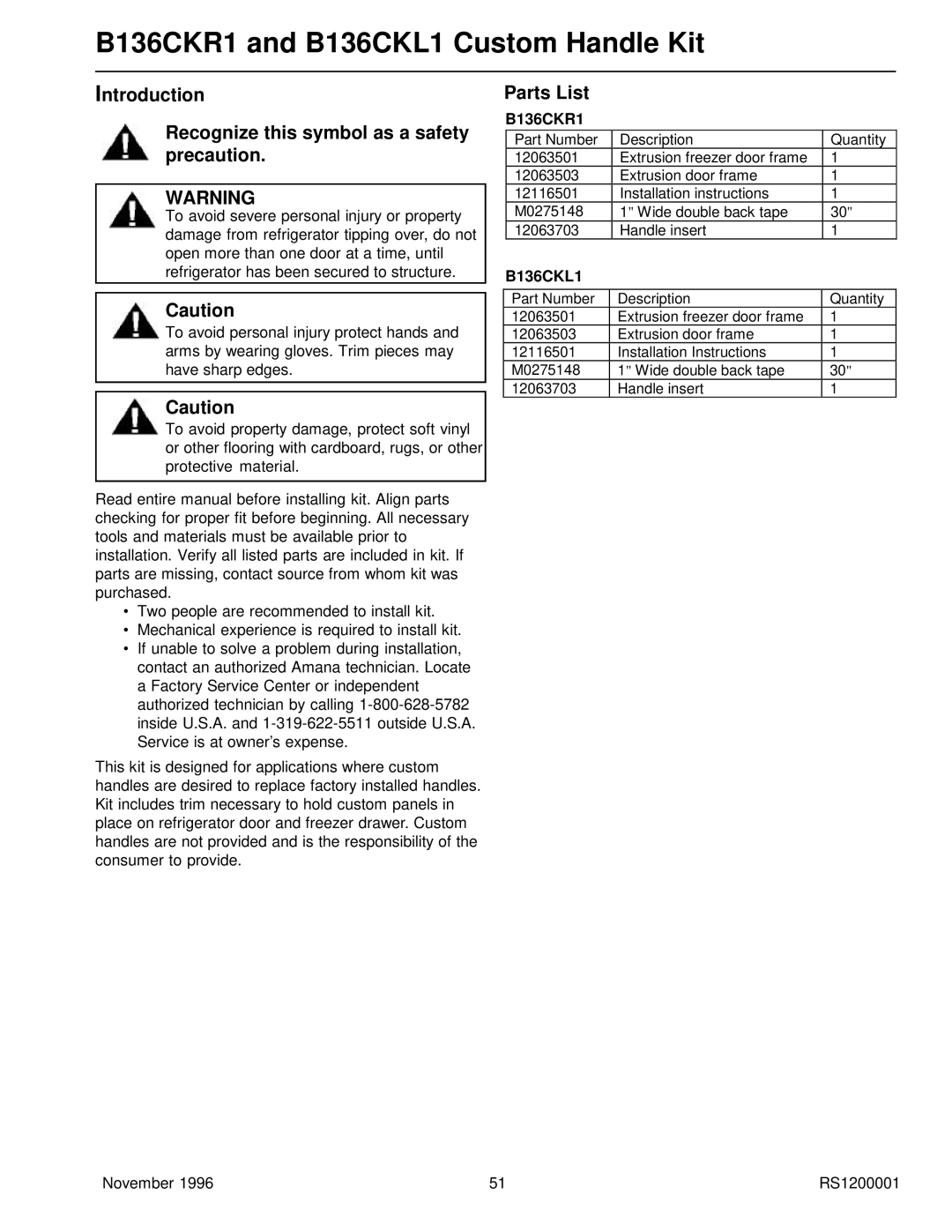 Amana Bottom Mount Refrigerator service manual B136CKR1 and B136CKL1 Custom Handle Kit, Parts List 