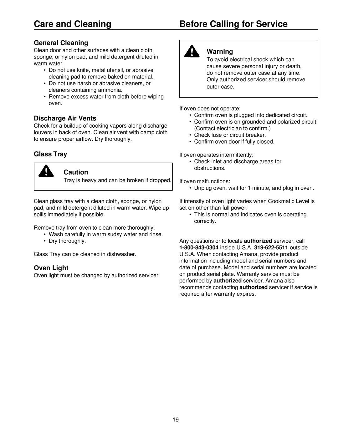 Amana CW76T Care and Cleaning Before Calling for Service, General Cleaning, Discharge Air Vents, Glass Tray, Oven Light 