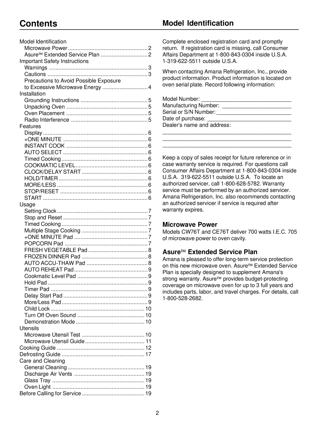 Amana CE76T, CW76T owner manual Contents 