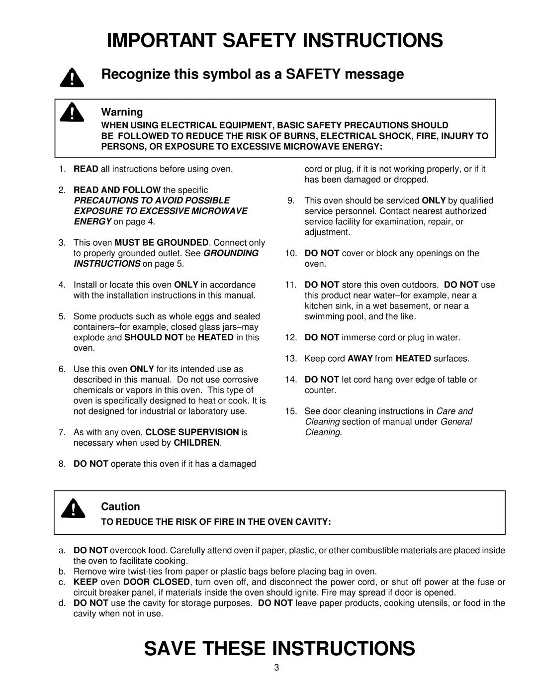 Amana CW76T, CE76T owner manual Important Safety Instructions, Recognize this symbol as a Safety message 