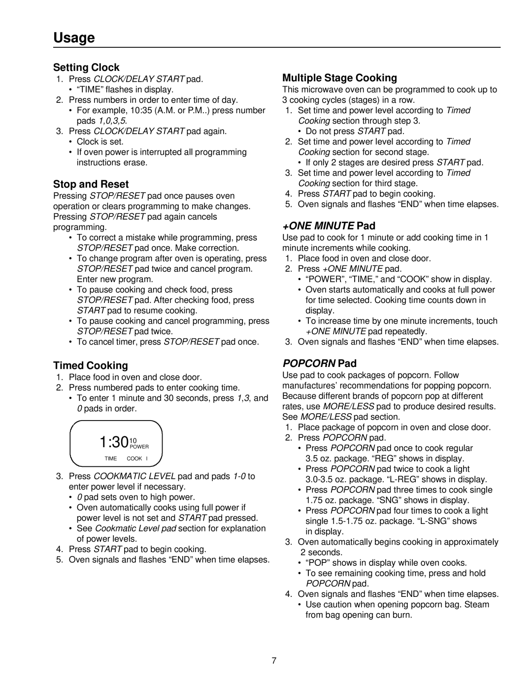 Amana CW76T, CE76T owner manual Usage, Setting Clock, Stop and Reset, Multiple Stage Cooking 