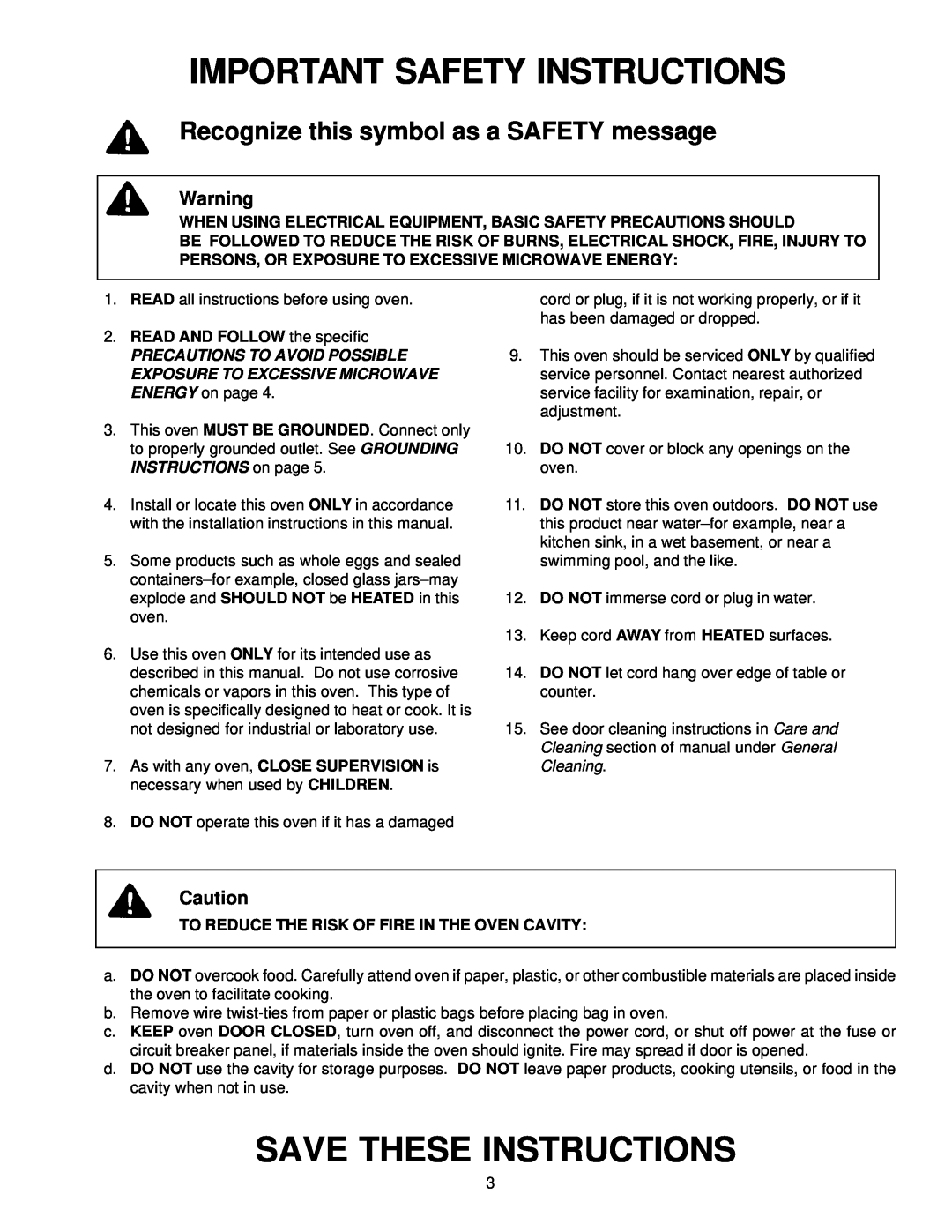 Amana CW76T, CE76T Important Safety Instructions, Save These Instructions, Recognize this symbol as a SAFETY message 