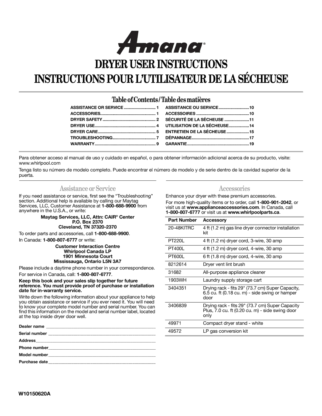 Amana Clothes Dryer warranty AssistanceorService, Accessories 