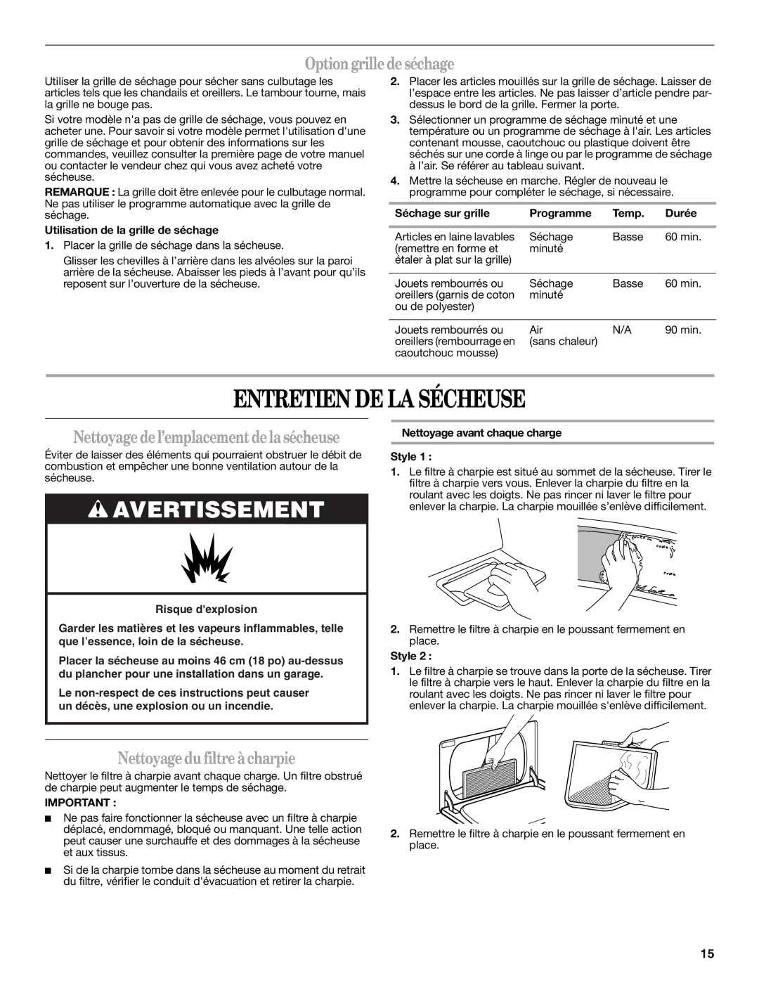 Amana Clothes Dryer warranty Entretien DE LA Sécheuse, Optiongrilledeséchage, Nettoyagedel’emplacementdelasécheuse 