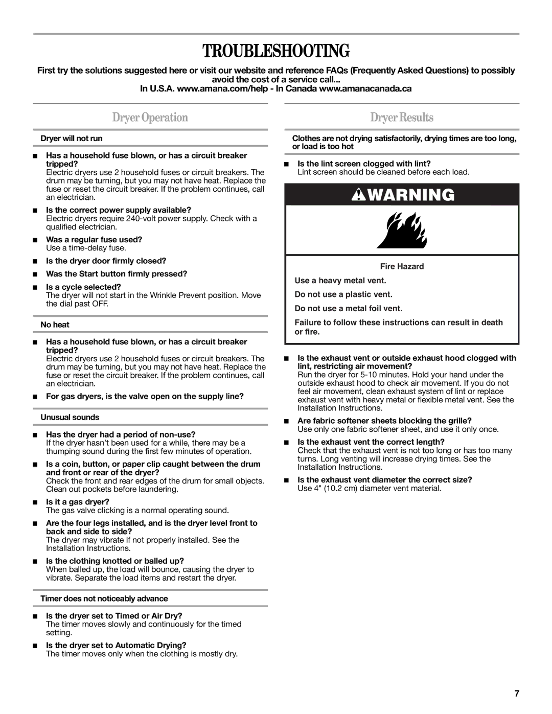 Amana Clothes Dryer warranty Troubleshooting, DryerOperation 