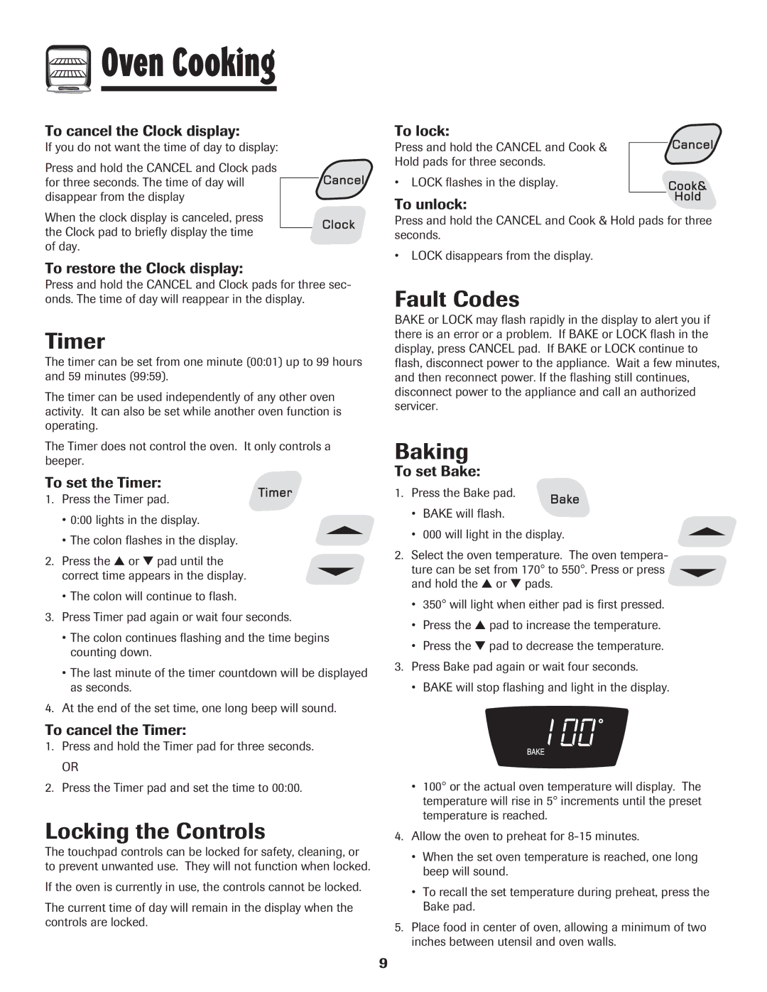 Amana Coil important safety instructions Timer, Locking the Controls, Fault Codes, Baking 