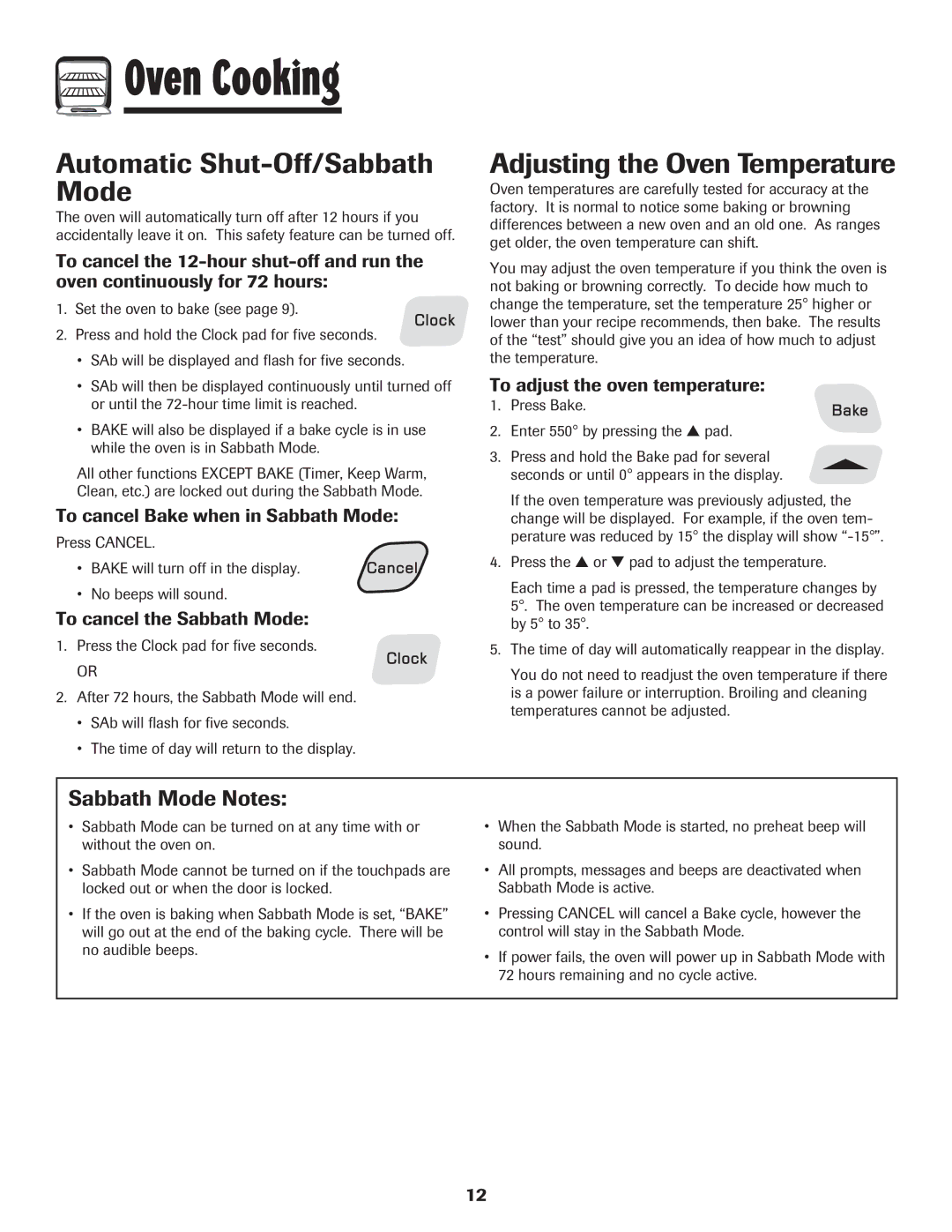 Amana Coil Automatic Shut-Off/Sabbath Mode, Adjusting the Oven Temperature, Sabbath Mode Notes 