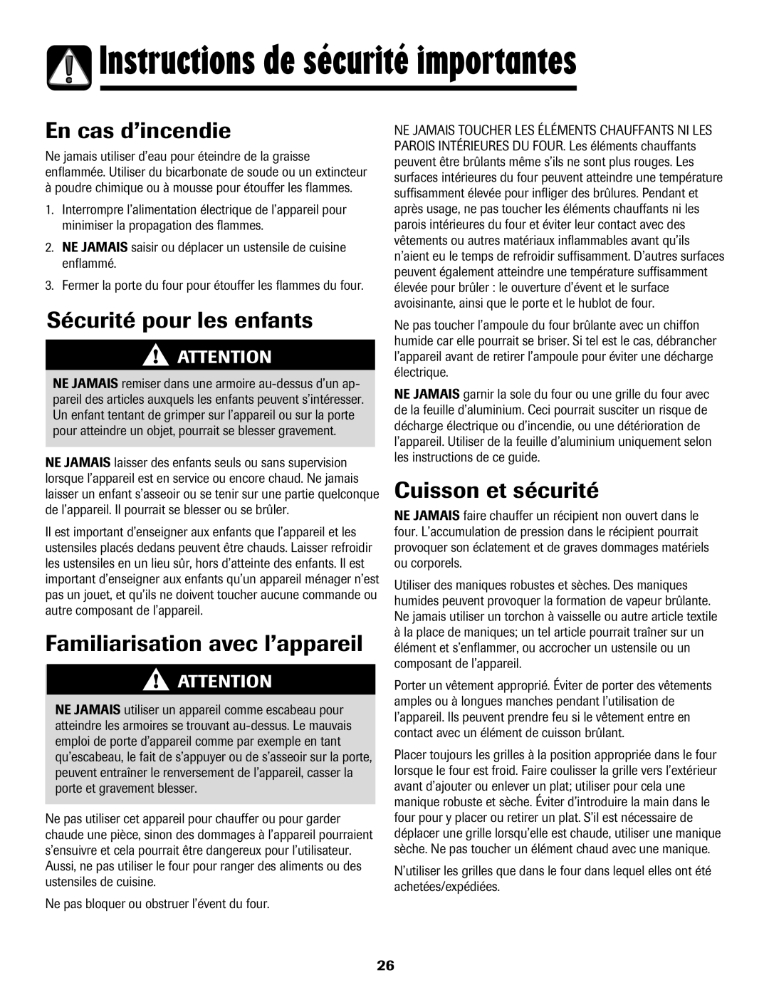 Amana Coil En cas d’incendie, Sécurité pour les enfants, Familiarisation avec l’appareil, Cuisson et sécurité 