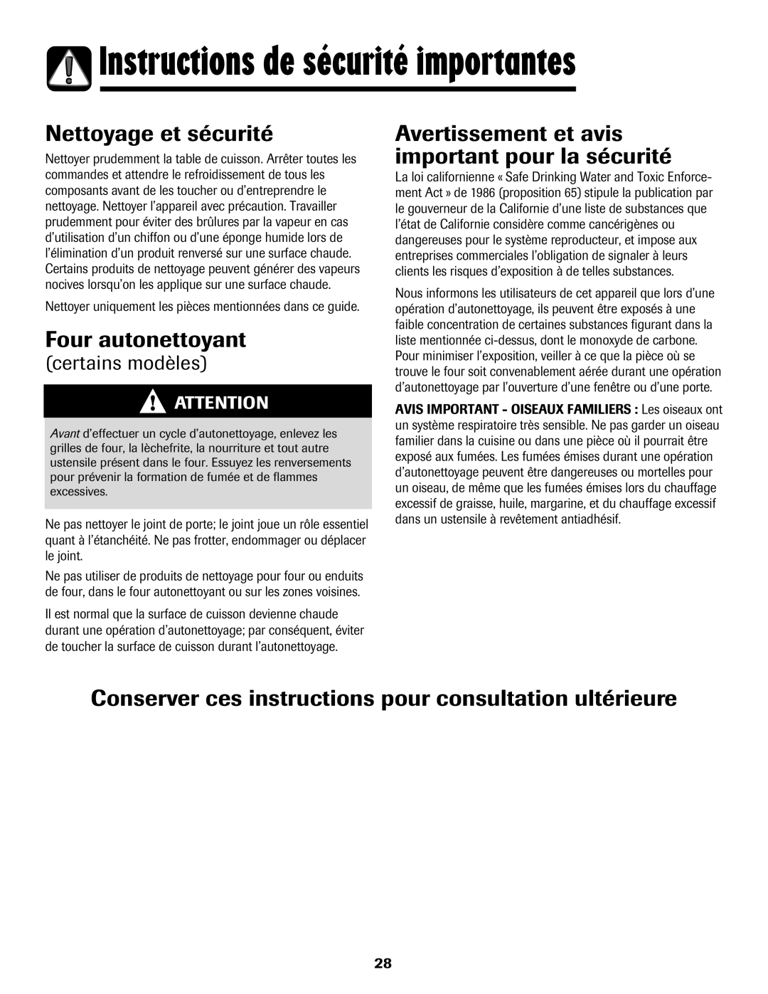 Amana Coil Nettoyage et sécurité, Four autonettoyant, Avertissement et avis important pour la sécurité 