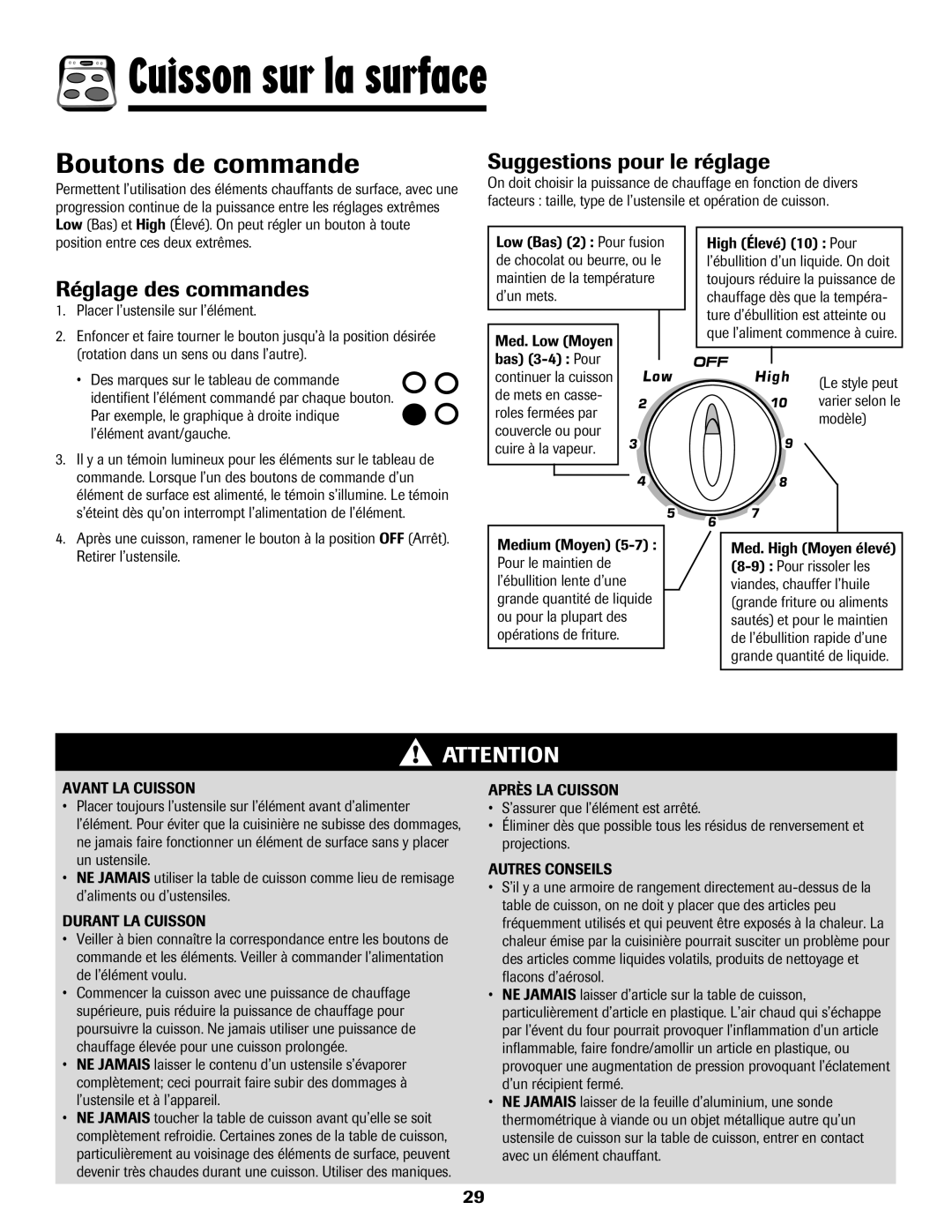 Amana Coil Cuisson sur la surface, Boutons de commande, Suggestions pour le réglage, Réglage des commandes 